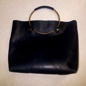 Tribe Alive Black Leather Mini Satchel Handbag With Metal Hoop Handles